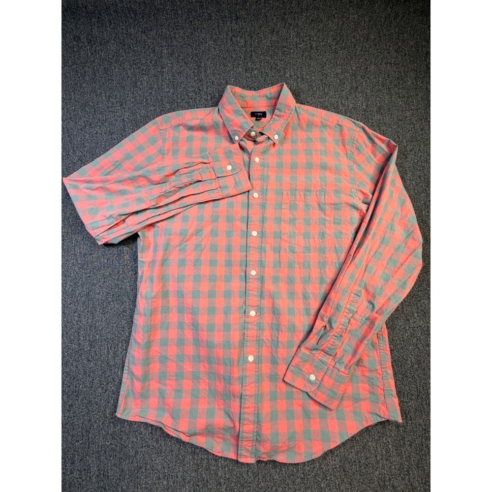 J.Crew Mens Gingham Button Down Shirt Coral Pink Blue Cotton Large 24182 SP16